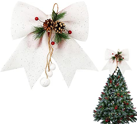 1P White Topper Glitter Wreaths Bows Xmas Bows - 9.8x11.8in Sequin Ties for Tree Toppers, Wreaths, Garland Decor