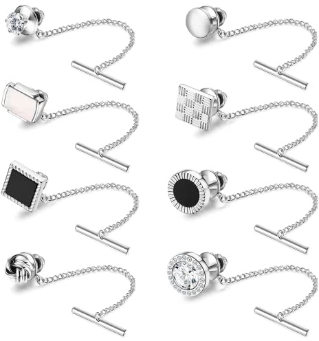 Diamday 8 Pezzi Spille per Cravatte da Uomo 14K Oro Placcato Fermacravatta con Catena Cravatte Necktie Regolare Spille per Cravatta per Matrimonio Affari Anniversario Argento