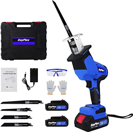 Akku-Säbelsäge 21V 1.5Ah Lithium-Batterie, 0-3000RPM Variable Geschwindigkeit, Elektrische Säge mit LED-Licht, 4 Sägeblätter, zum Schneiden von Holz/Metall/PVC (2 Akkus)