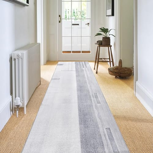 Calore Teppich Läufer Flur Waschbar rutschfest Abstrakt Moderner küchenteppich Kurzflor Langer Läufer für Flur, Küche, Wohnzimmer, Schlafzimmer, Wäsche (Grau/Hellblau, 80 x 300 cm)