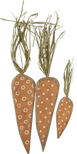 Primitives by Kathy Wooden Carrot Set of 3, Decorative Carrots Feature Varying Sizes, Each with a Unique Dotted Patterns and Raffia Grass Stems. Display with Our Other Easter Spring Collection Items