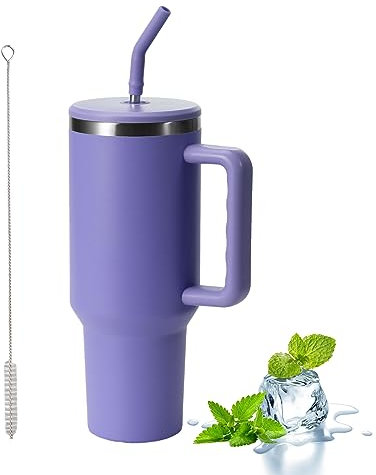 1200 ml Thermobecher mit Strohhalm, Henkel und Deckel, Doppelwandiger Edelstahl Vakuum Isolierbecher, Tragbarer Trinkbecher Reisebecher Kaffeebecher für Auto Büro Kaffee Wasser und Tee (Violett)