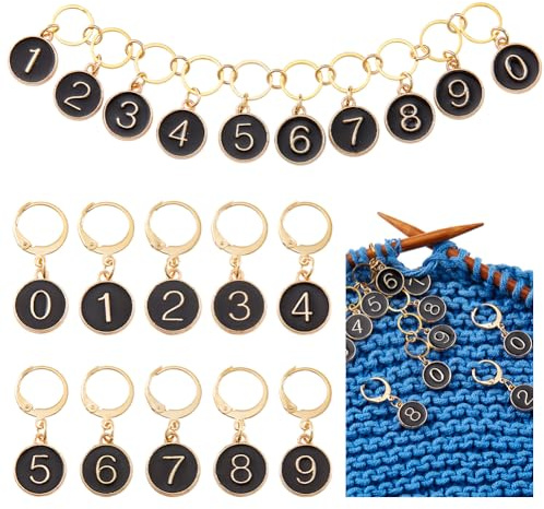 NBEADS 0-9 Number Knitting Row Counter Chains and 10 Pcs Stitch Markers, Alloy Enamel Stitch Marker for Knitting Weaving Sewing Jewelry Making Crochet Tracking, Black