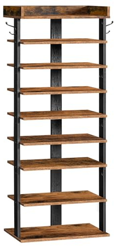 HOOBRO Narrow 9-Tier Tall Shoe Rack, Wooden Storage Organizer With 2 Hooks, Slim Shelf, Vertical Tower for Entrance, Industrial, Rustic Brown and Black EBF850XJ01