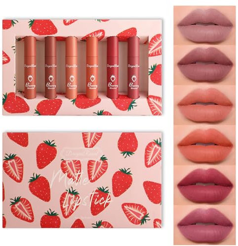 6 Farbe Matte Lippenstift Set Erdbeer Matte Lipgloss Set Wasserdichte Lippen Tint Langanhaltendes Nudetöne Flüssiger Lippenstift Set Feuchtigkeitsspendende Lipstick Lip Make-up (Set A)