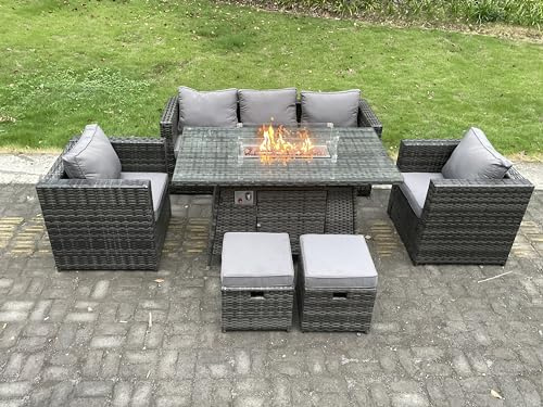 FMSGarden 7 Seater PE Wicker Rattan Garden Furniture Gas Fire Pit Table Gas Heater Sets Lounge Sofa Set With Chair Clear Tempered Glass