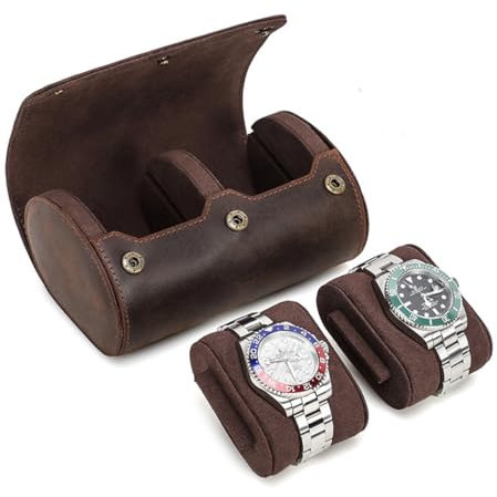 YUONNY Echtes Leder Uhrenrolle Reiseetui für 2 Uhren, Vintage Outdoor Paar Uhren Organizer, Tragbare 2 Slots Uhren Aufbewahrungsbox mit Abnehmbarem Kissen für Damen Herren Coffee