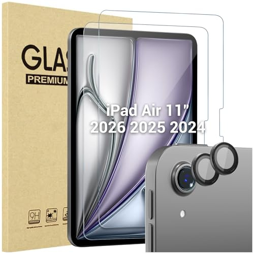 ProCase 2 Stück Schutzfolie für iPad Air 11 Zoll M4 2026/M3 2025/M2 2024 + 2 Pack Kamera-Objektivschutz passend zu iPad Farben, 9H gehärtetes Schutzglas für iPad Air 11 -Grau