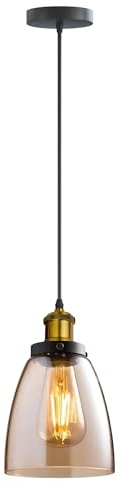 DC VOLTAGE Vintage Pendant Ceiling Light 13.6W x 22H Industrial Amber Glass Lamp Shade E27 Base Hanging Decorative Fitting Fixture for Kitchen Bedroom Hallway Loft Diningroom(Bell - with Bulb)