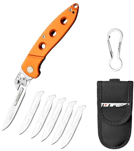 TONIFE Auswechselbare Klingen Klappmesser, Skalpell Klappmesser mit Edelstahlklingen und 5 Austauschbaren Klingen, EDC Taschenmesser für Outdoor Camping Survival Angeln (Orange)
