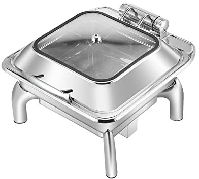 Edelstahl Runde Chafing Dish Buffet Set - 6L Buffet Server und Wärmertablett mit Glasdeckel für Catering Events - Inklusive Speise- & Wasserpfanne, Rahmen, Brennstoff - Rechteckiger Chafer für Partys