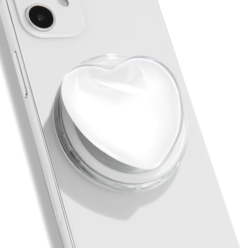 OnTheGrip Compatible with Magsafe Magnetic Cute Glass Heart Design Collapsible Mobile Phone Grip Stand Holder for Smartphone Tablet Cell Phone Accessory (White)