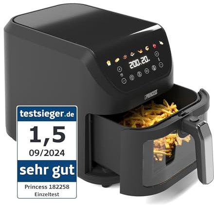 Princess SlimFry Aerofryer 8 L, salvaspazio, tecnologia di cottura senza grassi, 8 programmi, finestra di visualizzazione trasparente, potente (2000 W) e silenzioso (55 db), nero, 01.182258.01.001