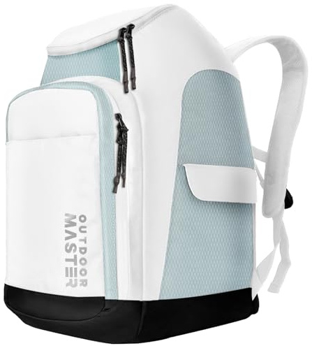 OutdoorMaster 50L Ski Boot Bag, Ski and Snowboard Boots Travel Backpack with separate compartments for Helmet, Ski Shoes, Goggles, Gloves, and Accessories, Splash proof Exterior & Bottom - White