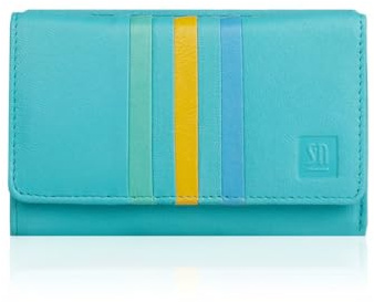 Słoń Torbalski Women's Leather Purse, Colourful Genuine Leather Purse, Generous Purse, Blue - Yellow, Quiet Shade-Clematis Blue, 14 x 9.5 x 3 cm