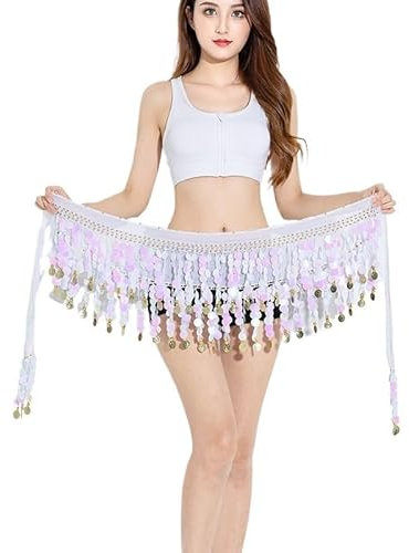YUCHUANGYE Bauchtanz Bauchtanz Pailletten Taille Kette Kupfer Münze Taille Schal Tanz Leistung Kleidung Zubehör 10-Farben Hüfttuch Bauchtanz Rock(White)