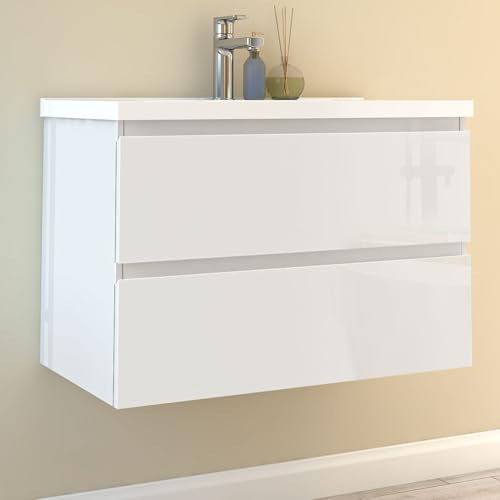HAPAOSO 80cm Badezimmer Waschtisch mit Unterschrank Keramik-Waschbecken mit Unterschrank Weiß Hochglanz