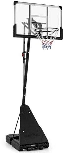 GYMAX Basketball Hoop Outdoor, 4.9-10FT Height Adjustable Portable Basketball Stand System with Basketball Rebounder, 2 Wheels and Fillable Base, Basketball Goal for Teens Youth Adults