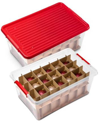 Kreher X-Mas Aufbewahrungsbox 40 Liter für Christbaumkugeln, Adventsschmuck, Weihnachtsdekoration. Mit praktischen Einteilern für ca. 30 Kugeln. Transparent mit rotem Deckel. (2)