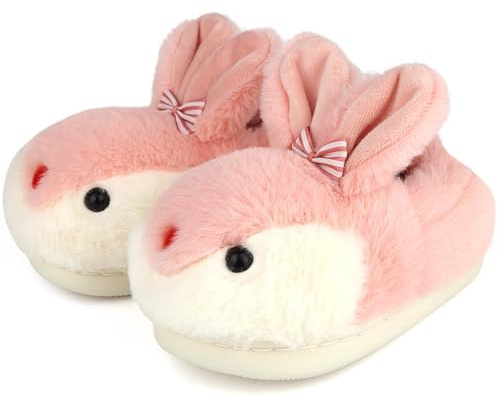 Setsuwa Pantoufles d'hiver en forme de lapin pour filles et garçons - Chaussons doux et antidérapants, 1 rose, 27/28 EU