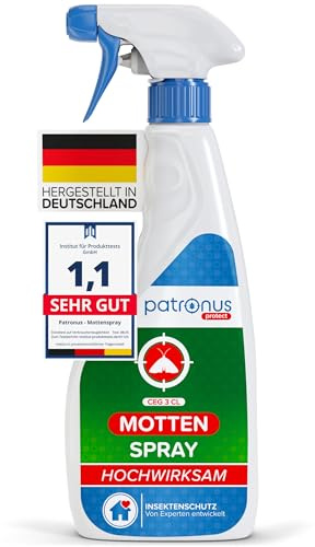 Patronus Mottenspray [500 ml] - hochwirksame Abwehr gegen Kleidermotten | und Lebensmittel-Motten - Motten-Spray für Kleiderschrank, Teppich, Textilien & Küche - mit dezentem Eukalyptus-Zitrusduft