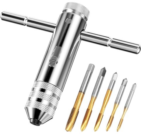 Labmilon 5 Stück Gewindeschneider Set Verstellbarer M3/ M4/ M5/ M6/ M8 + 1 Stück T Griff Windeisen Ratsche, Gewindebohrer, Handgewindebohrer Halterschlüssel, Titan-beschichtet Werkzeughalter