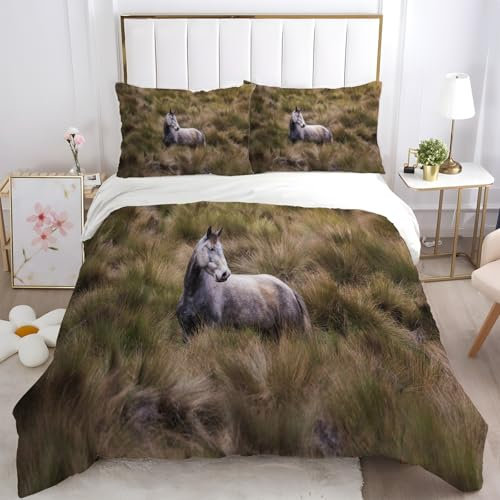 TMMDH Erba Completo Letto Singolo Cavallo Microfibra Morbido e Traspirante Copri piumino 135x200 Bambino con Cerniera e 2 Federe 50x80cm