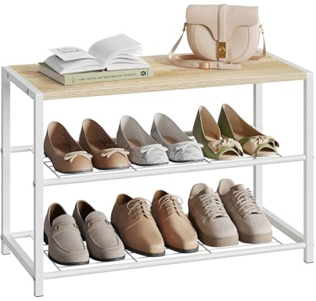 WOLTU Schuhregal 3 Ebenen, Schuhablage mit Sitzbank, 63x43x30 cm, Weiß | Schuhständer platzsparend für 6-8 Paar, Metall Rahmen und Holzplatte, Schuhaufbewahrung für Flur Wohnzimmer Schlafzimmer