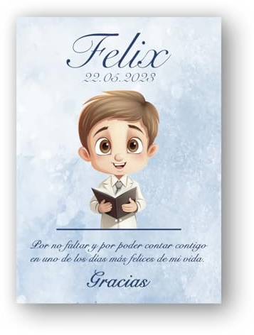 Genérico Tarjetas de Agradecimiento para Comunión Niño con libro, detalle para invitados. Tarjetas de agradecimiento para invitados, tarjeta de agradecimiento niño de comunion.
