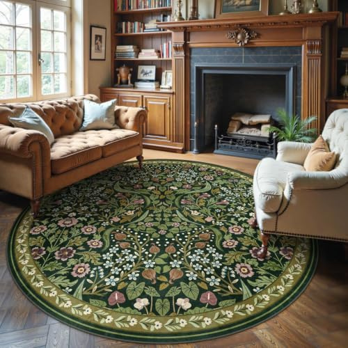 Moynesa Floraler runder Teppich, 1,8 m, Boho-Grün, rund, Wohnzimmer, waschbar, groß, weich, Kreisteppich für Schlafzimmer, rutschfest, ultradünn, Bodenteppich für Esszimmer, Gästezimmer, Grün
