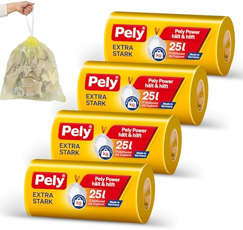 Pely Zugband Müllbeutel extra stark, Vorteilspack (4 x 17 Stück), gelb, für die Entsorgung von Restabfall (25 Liter) (25 Liter)