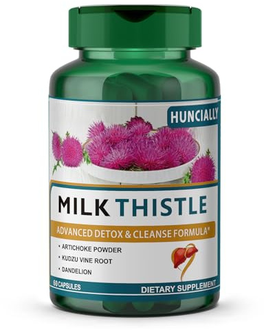HUNCIALLY Milk Thistle Supplement with Artichoke, Kudzu & Dandelion, Liver Detox Advanced Detox & Cleanse Formula, 60 Capsules