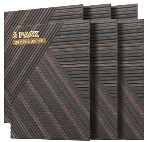 Acoustic Panels for Wall and Ceiling - 6 Pack 2'x2'x0.4,Self-Adhesive 3D UV Printing Decorative Wall Panels with Wood Look,Rustic Walnut