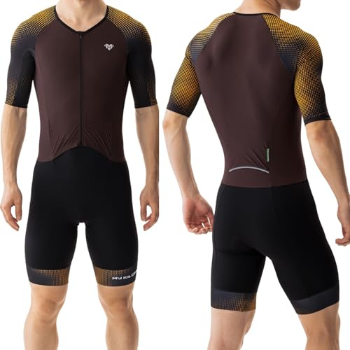 MY KILOMETRE Herr Triathlondräkt Kort Ärm – Ettstycks Trisuit Andningsbar & Snabbtorkande med Bakficka（BrunL）