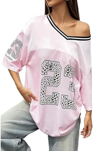 Lomnnes Womens Graphic Tees Y2k Oversized Number Graphic V Neck Summer Top Short Sleeve Jersey T-Shirt Streetwear (Pink, XL)