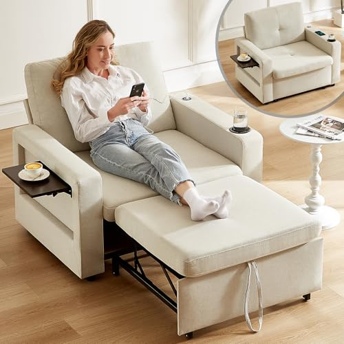 WEUP 42.5 Sleeper Chair Bed, 3-in-1 Convertible Reclining Sofa Chair with Pull Out Couch Bed, Adjustable Backrest, Side Pockets, Cup Holder, USB Ports & Wing Table, Premium Beige