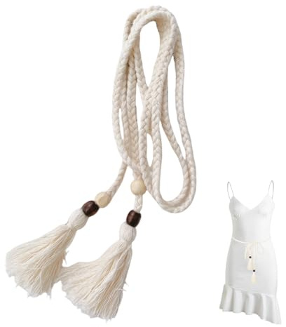 Women's Braided Belt, 150 cm Belt for Dress, Tassel Cotton Cord, Knotted Waist Belt, White, Boho Waist Belt, Rope Chain, Thin Tie Belt for Skirts, T-Shirts, Shirts, Fashion Skirt Belt for Women