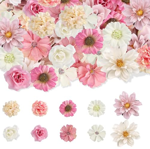 50 Stück Kunstblumen zum Basteln, Mini Künstliche, Rosa Weiß Künstlich Blütenköpfe, 4~8cm Stoffblumen, Tortendeko Blumen, Kunstblumen Deko für DIY Basteln Scrapbooking Hochzeit Party Home Handwerk