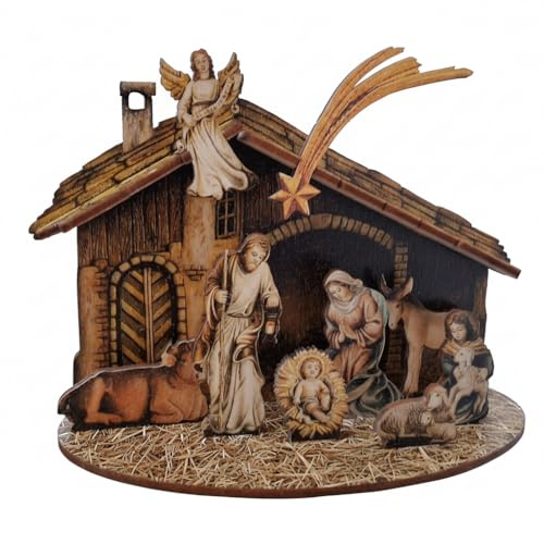 Kall present julkrubba, traditionell krubba med krubbfigurer av trä, krubba, helig familj med stall, 18 x 14 x 8 cm