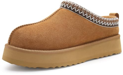 KIDMI Genuine Suede Platform Slippers for Women Fuzzy Winter Warm Shoes Indoor Outdoor, Brown 37