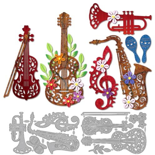 MAYJOYDIY Musikinstrumente Metall Stanzformen Gitarre Stanzschablonen | Violinschlüssel Blumen Blätter Prägeschablonen, Für DIY Papierbastelarbeiten Kartenherstellung Scrapbooking Albumdekor