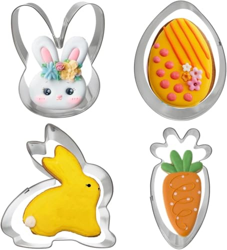 Edelstahl Ausstechformen Ostern 4 Stück 8cm Hasen, Eier, Karotten Keksausstecher für Teig, ideal für Kekse, Plätzchen und Desserts