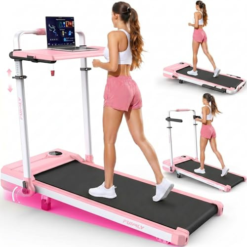 Walking Pad Laufband für Zuhause Klappbar - Walking Pad mit Steigung 9%, 8 in 1 Schreibtisch Laufband mit verstellbarem Handlauf, 3.5 PS Leise Treadmill für Home Office & Büro, bis 150 kg, Pink