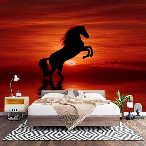 Fotomurales XL 200x140 cm Atardecer Naranja Impermeable Papel Pintado Tejido no Tejido Siluetas de Animales de Caballos Decoración de Pared Moderna Murales para Pared Salón Cocina Baño Pasillo Comedor