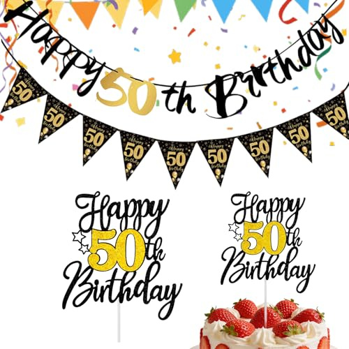 2 Pcs Happy 50th Birthday Banners and Birthday Cake Topper, Black and Gold 50th Birthday Decorations for Men Women, Bunting Flags Cake Supplies for Milestone Party Celebration (Self Assembly)