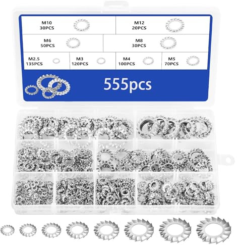 Set di 555 anelli di sicurezza, rondelle in acciaio inox, rondelle esterne per fai da te e industriali, dischi di sicurezza M2.5 M3 M4 M5 M6 M8 M10 M12