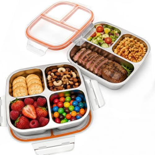 2 cajas de aperitivos con compartimentos de acero inoxidable, fiambrera para niños y adultos, a prueba de fugas, con tapa, para escuela, trabajo y camping (600 ml)