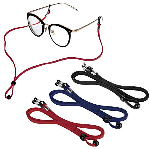 Zingso Sports PU Leather Glasses Strap, 3 Pcs Multi-Color Classic PU leather Adjustable Sunglasses Head Band Eyeglass Chain Lanyard Glasses Strap for Decoration and Sports (Black+ Red+ Dark Blue)