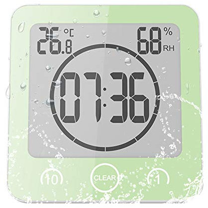 ALLOMN Orologio da Bagno, Doccia Orologio Allarme Impermeabile Toccare Controllo ℃/℉ umidità Temperatura, Timer per il Conto Alla Rovescia, 3 Metodi di Montaggio, Alimentazione a Batteria (Verde)