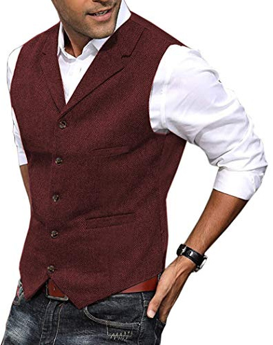 HSLS Chaleco para hombre Chaleco de traje de tweed de lana suave informal Chaleco de espiga para padrino de boda Mejor hombre(S, borgoña)
